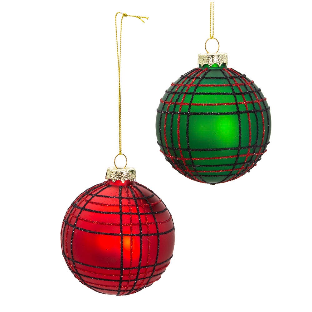 Kurt Adler 80 MM Red and Green Plaid Glitter Balls, 6-Piece Set